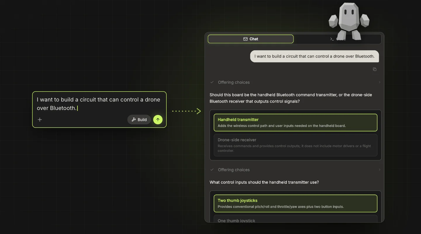 A one-sentence prompt for a Bluetooth drone controller, and Rocky's first reply with options to pick