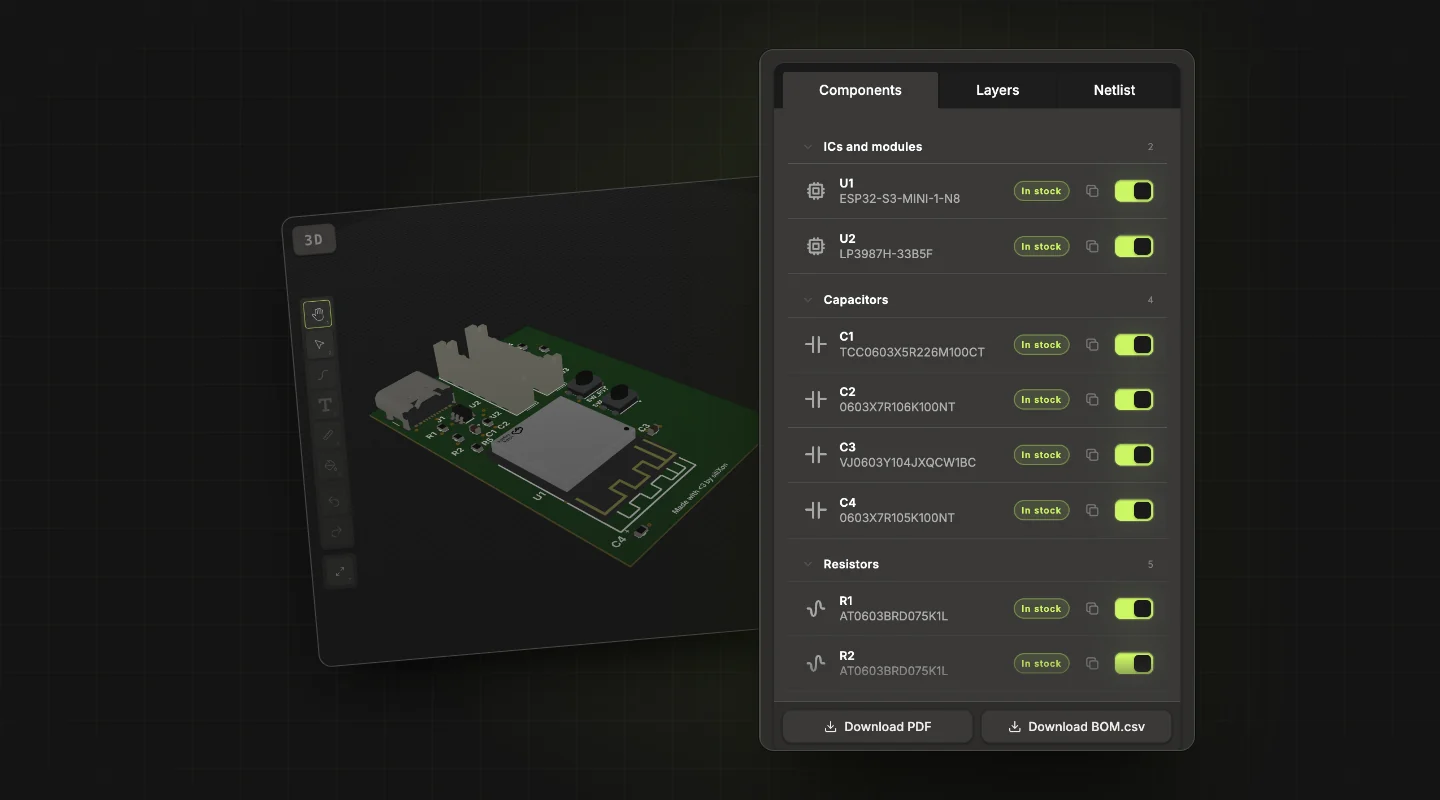 siliXon's components panel: every part with its part number and an in-stock label, and the board in 3D behind it