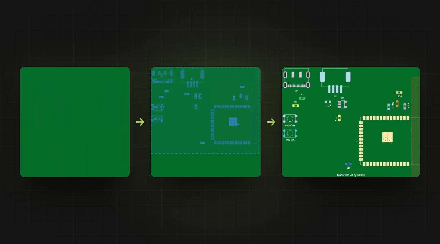 siliXon placing components in a real session: an empty board, parts being placed, every part in place