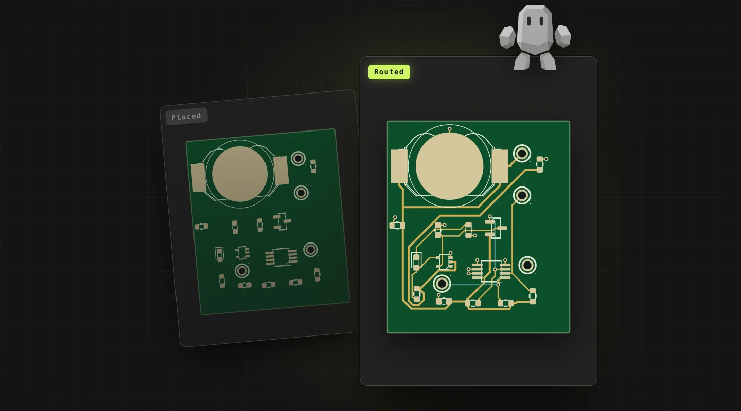 The same siliXon board before and after routing: placed parts behind, copper traces and vias added in front
