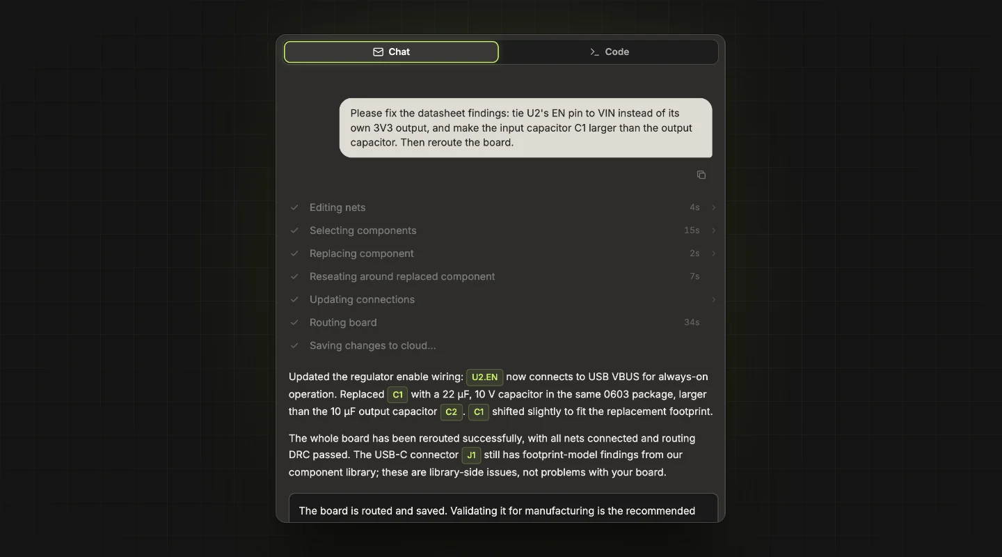 A change requested in plain English in siliXon's chat, and Rocky editing the board step by step