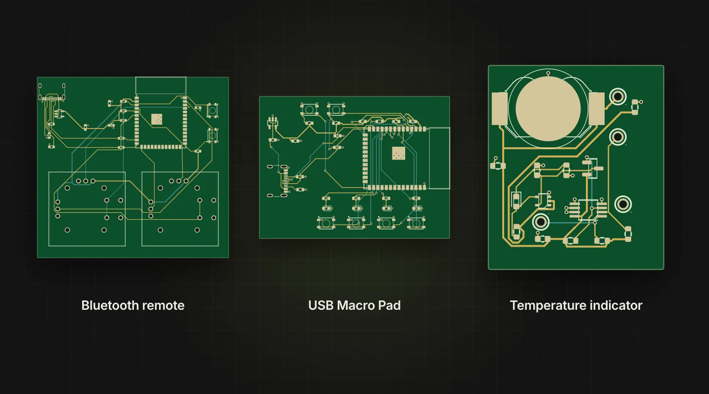 Three boards designed with siliXon: a Bluetooth remote, a USB macro pad and a temperature indicator