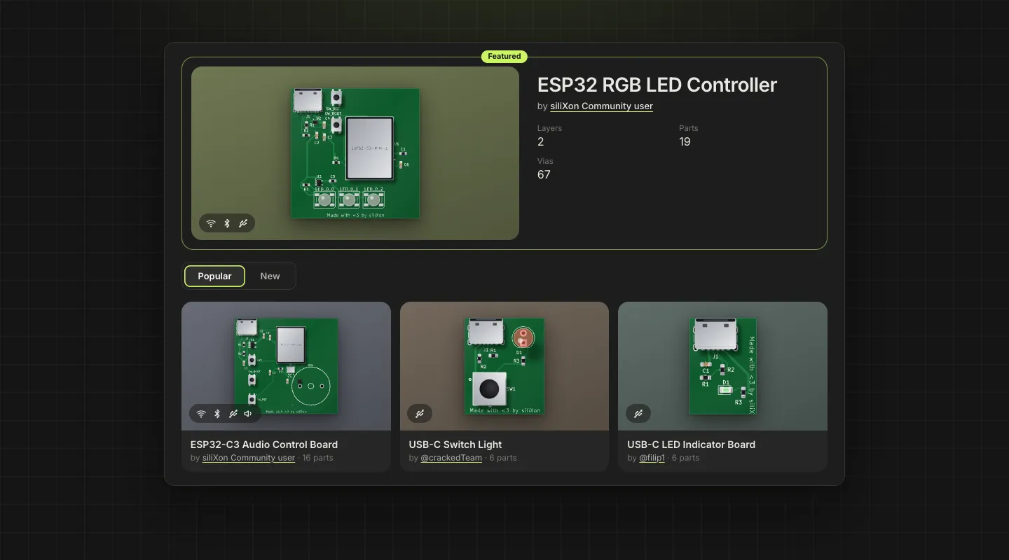 The Community feed in siliXon: the ESP32 RGB LED Controller featured on top, Popular and New tabs, and more boards made with siliXon below