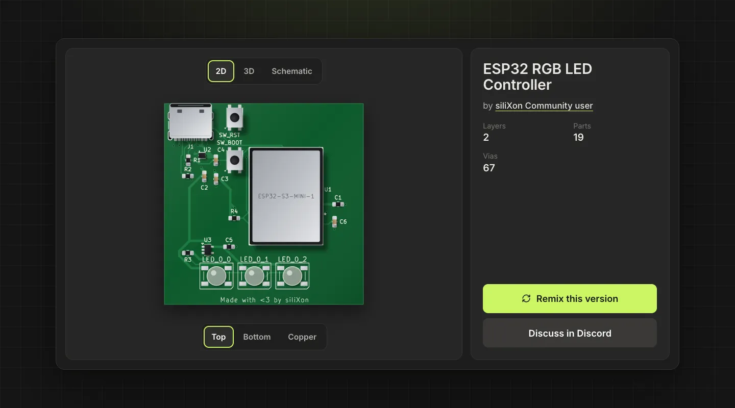 A Community board page: the ESP32 RGB LED Controller in 2D with Top, Bottom and Copper views, its layers, parts and vias, and the Remix this version button