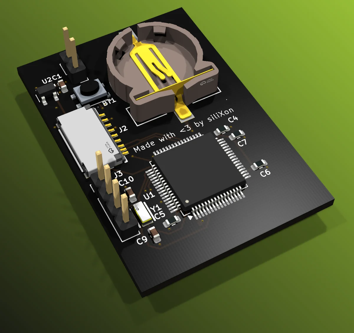 The top of a 30 × 44 mm data-logger board made in siliXon, rendered with a black solder mask: the STM32L476 MCU, a microSD slot, a coin-cell holder, a reset button, two pin headers and small supporting parts.