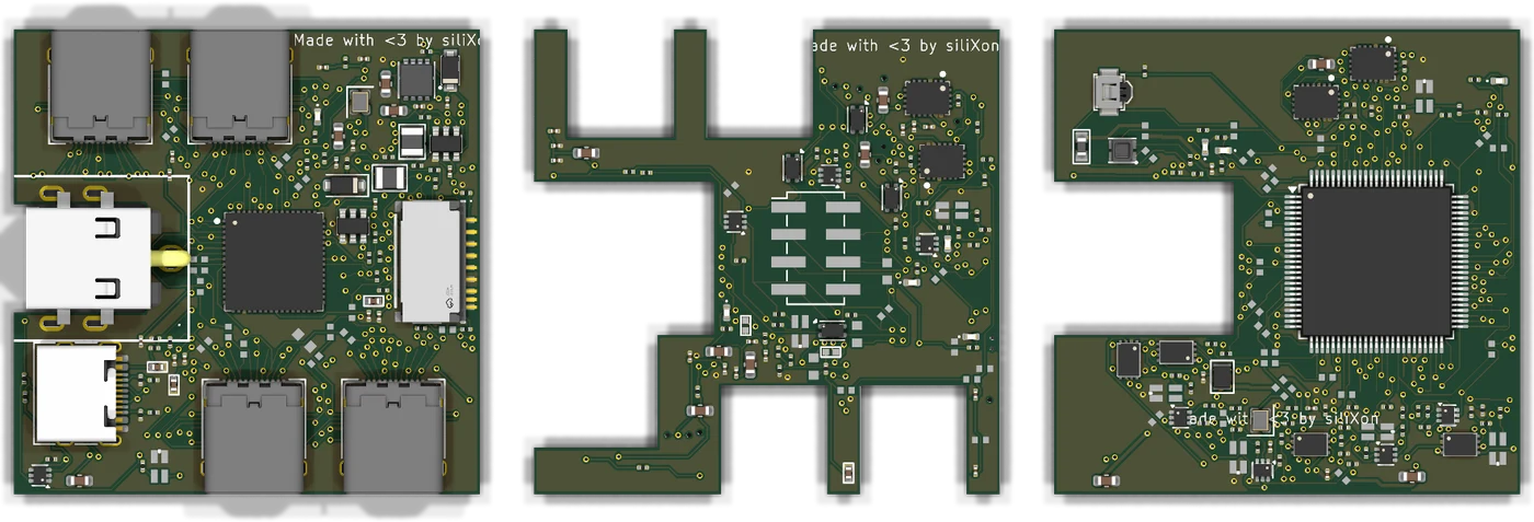 The three levels of a stacked entry laid side by side, each a single-layer board: the base with the connectors, the middle level cut around them, and the top level with the MCU