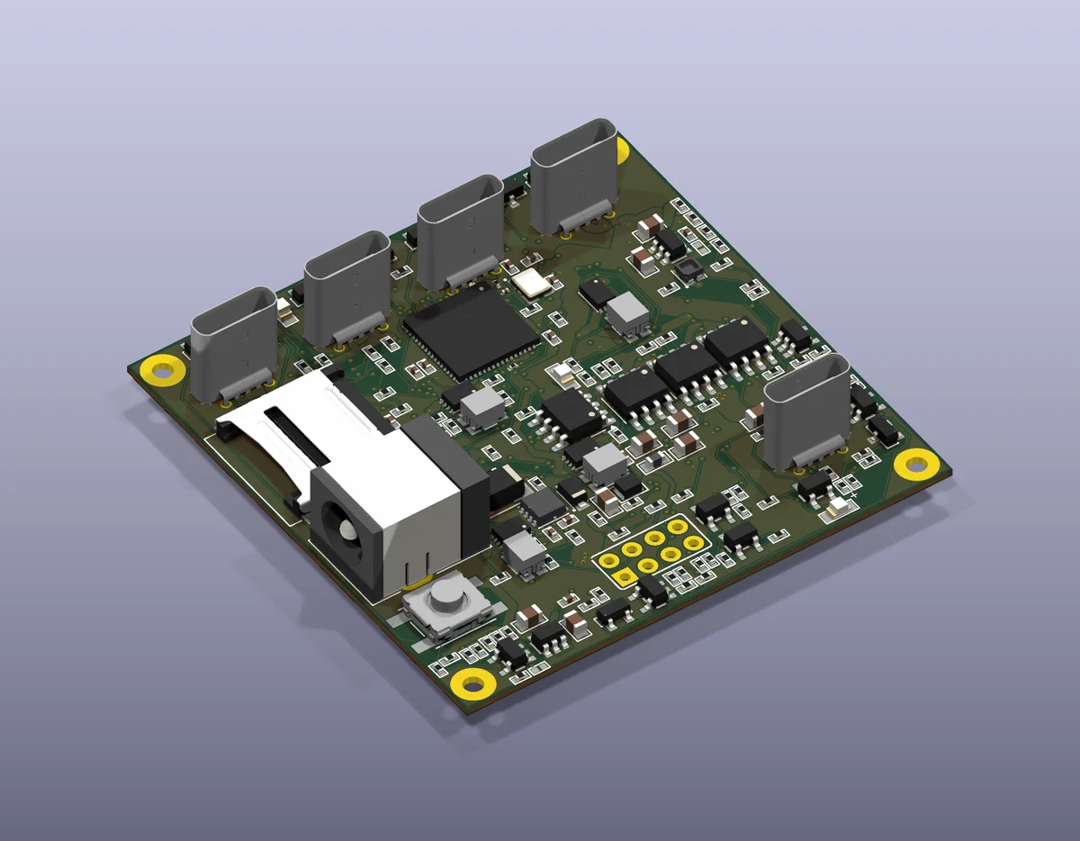 The top of our first board in its September 30 revision, with its connectors aligned and its power routing repaired: a 54 mm square board with the USB-C ports, the barrel jack and the microSD slot