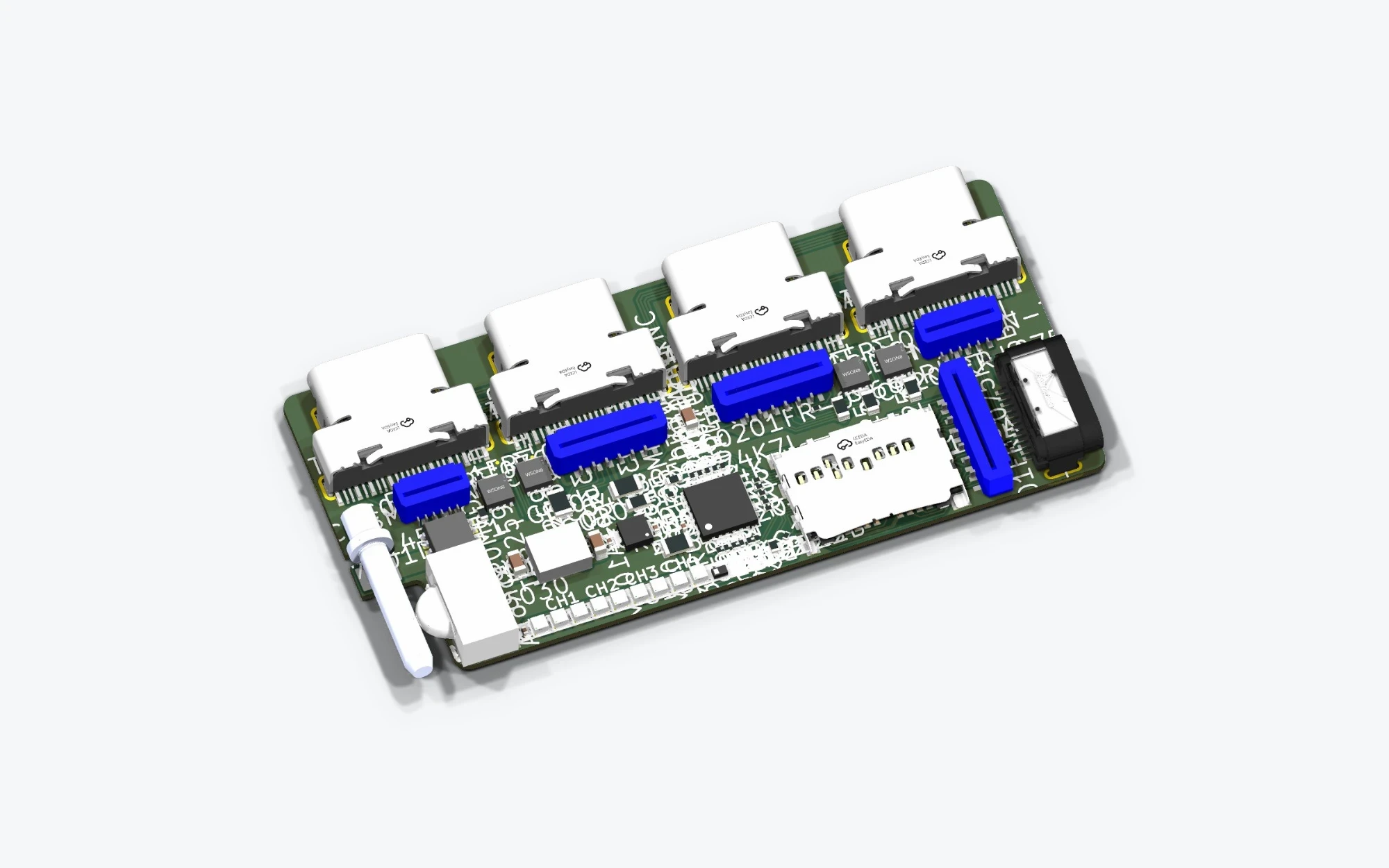 First place: a single board with the USB-C ports along its back edge and a white plug at its front corner