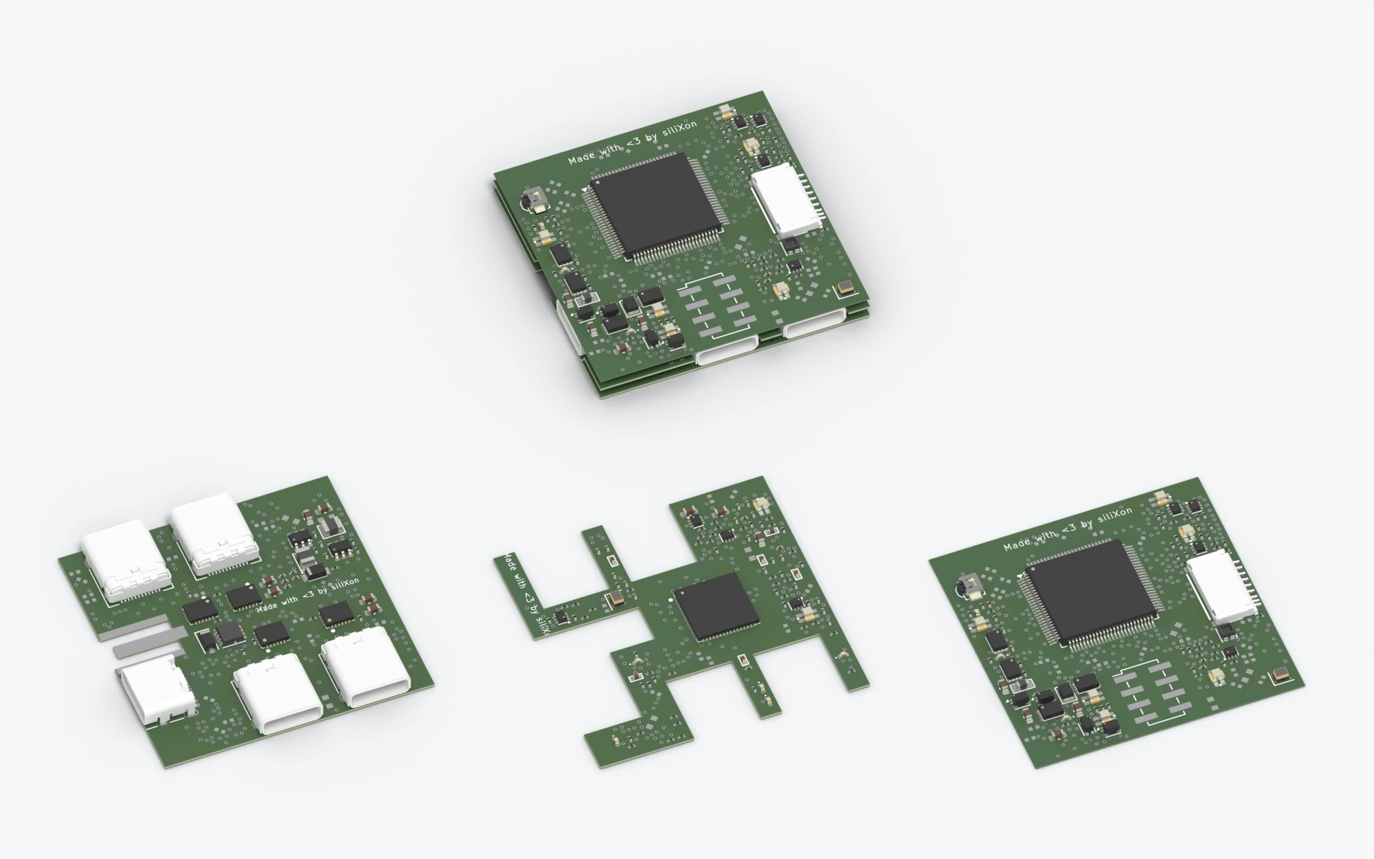 Our third place: three stacked single-layer boards, and below them its three levels side by side: the base with the USB-C ports, the notched middle level, and the top level with the MCU